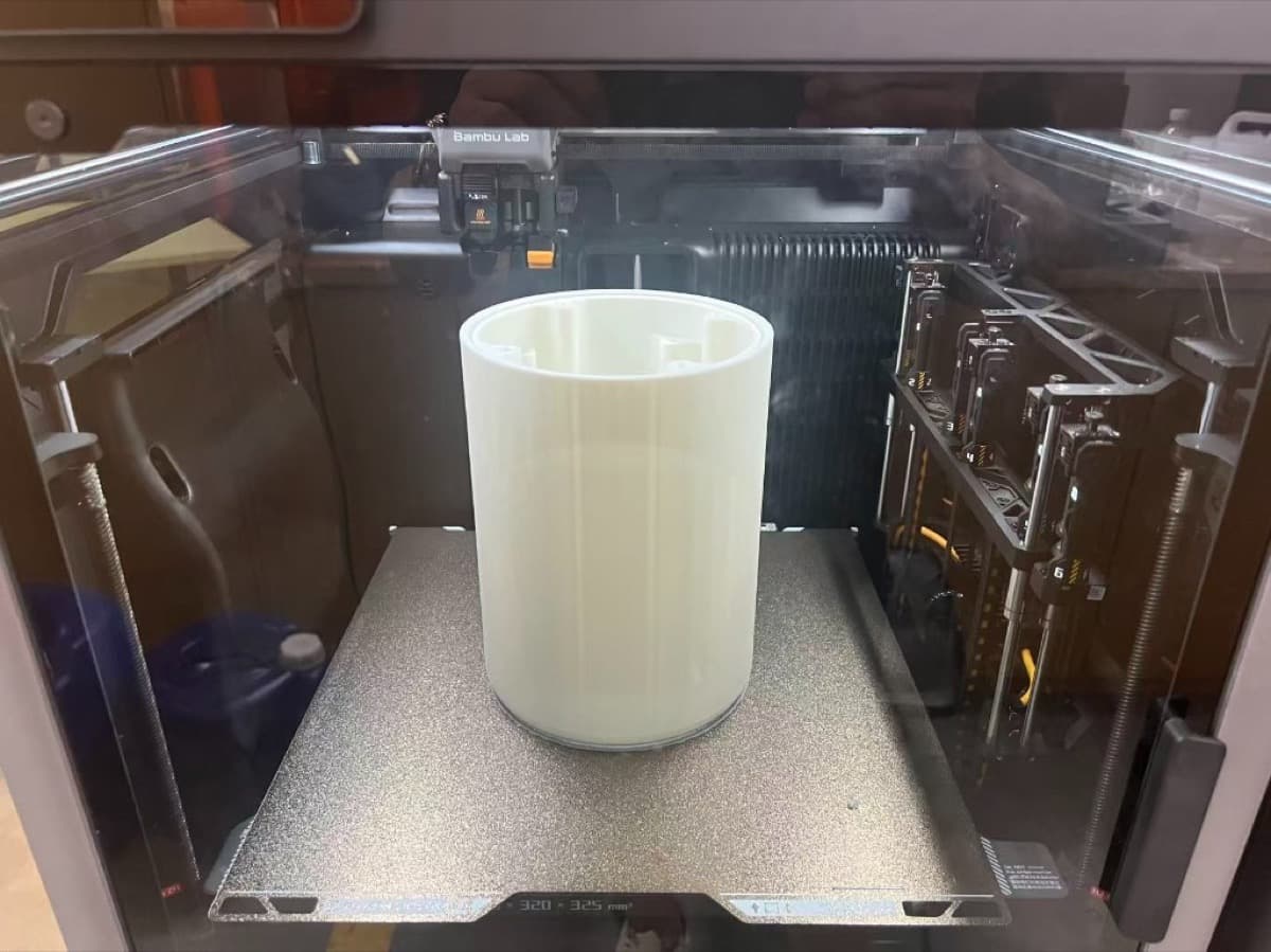 3D printed housing for a training fire extinguisher prototype on a Bambu Lab printer