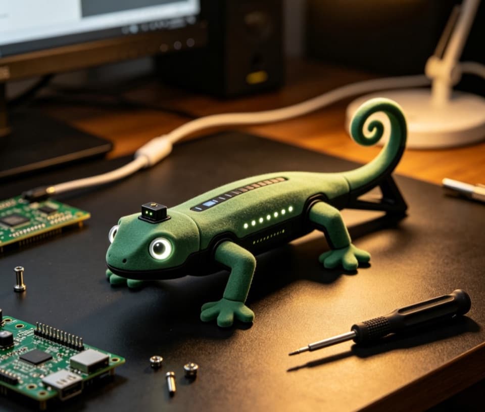Green fuzzy desktop chameleon robot with LED accents in a maker workspace