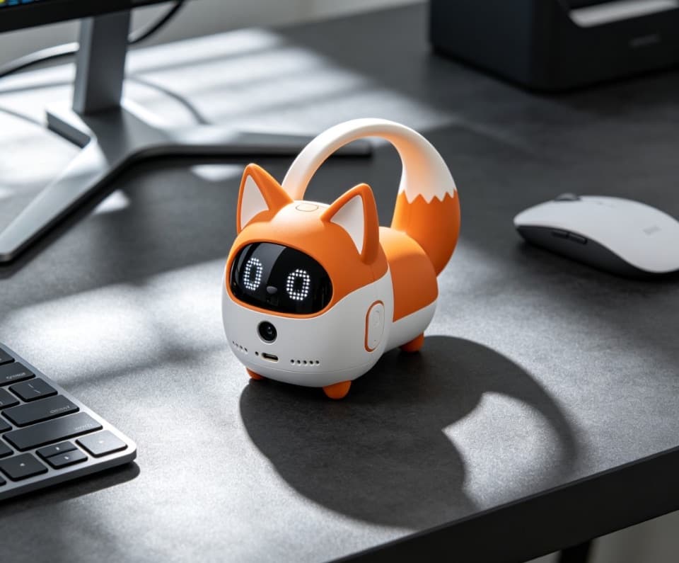 Orange fox-shaped desktop companion with expressive pixel display on a desk