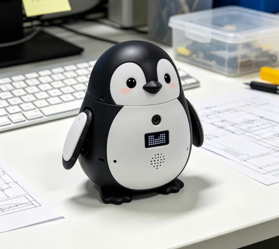 Penguin-shaped desktop AI pet with camera and display on an office desk